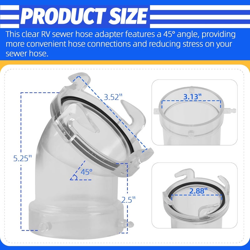 Aussio 45° Clearview RV Sewer Hose Adapter with 3" Bay Lug - Durable, Leak-Proof Connection - Image 2
